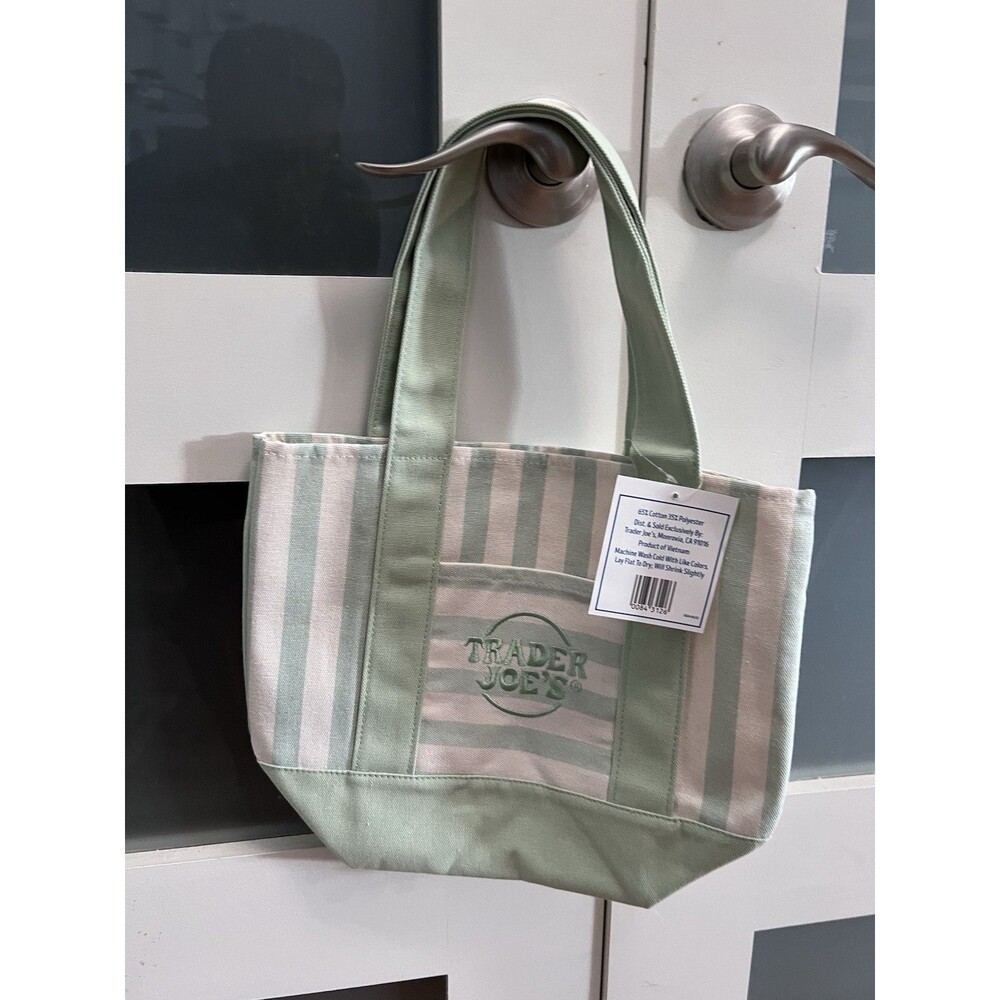 Trader Joe’s MINI Canvas Reusable Bag, w/ Off White or Tan, LIGHT GREEN STRIPES